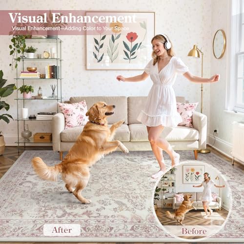 Wonnitar Floral Washable 8x10 Rug, Pink Area Rug for Bedroom Girls, Soft Non Slip Ultra-Thin Large Boho Vintage Home Decor Carpet for Living Room Nursery Dining Room Girl Room - Image 2