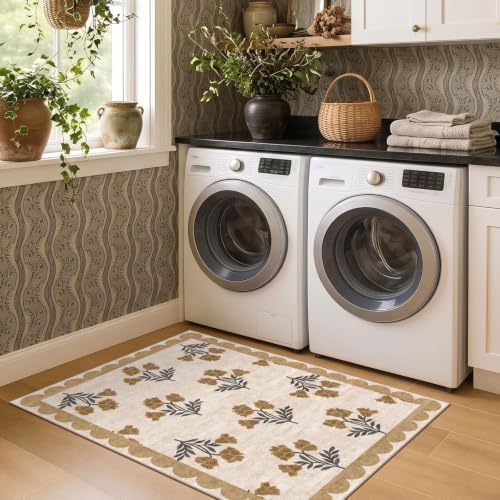 3x4 Floral Entry Rug - Small Washable Indoor Outdoor Mats for Front Door Non-Slip Porch Rug Beige Vintage Farmhouse Throw Rugs for Living Room Bedroom Entryway Kitchen Office Porch Decor - Image 6