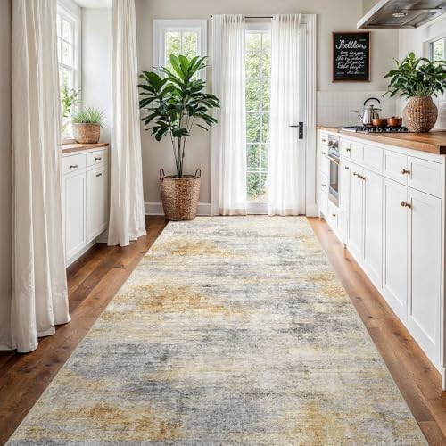 4x8 Runner Rug Washable Abstract: Non Slip Hallway Floor Mat Grey/Yellow - Image 2