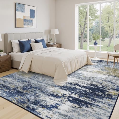 8x10 Area Rug for Living Room, Abstract Washable Large Rugs, Dark Blue - Image 2