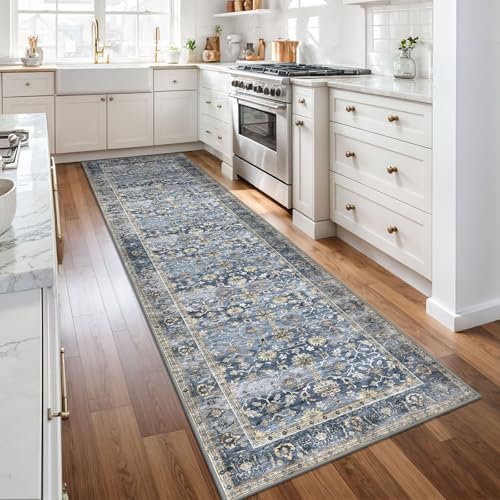 KUTA Vintage Washable Runner Rug 2.6x10 Blue Grey Beige Hallway Runner - Image 2
