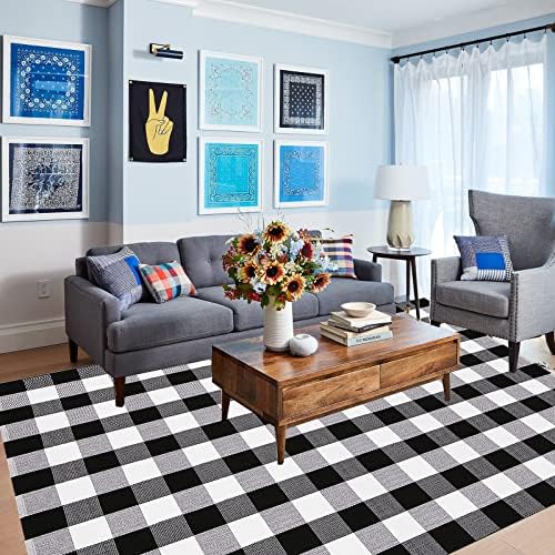 Bottalive Buffalo Plaid Outdoor Rug, 4' x 6' Black and White Check Indoor/Outdoor Area Rugs, Layering Rug for Hello/Welcome Door Mat, Washable Cotton Woven Farmhouse Mat for Fall Front Porch Décor - Image 5