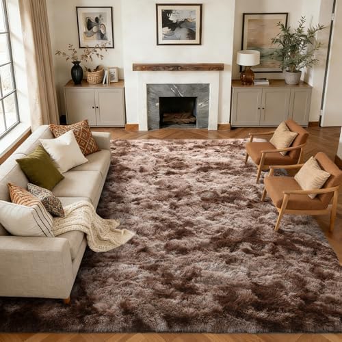 10x14 Extra Large Fluffy Area Rugs Non-Slip for Living Room Tie-Dyed Coffee - Image 2