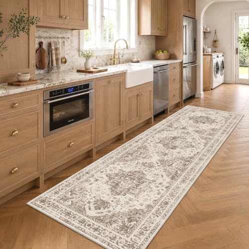 3x10 Washable Kitchen Runner Rug Soft Medallion Taupe Throw Carpet by HOME