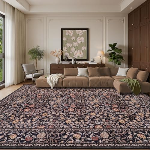 10x14 Area Rug Living Room: Soft Floral Washable Carpet Brown - Image 2