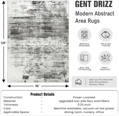 8x10 Area Rugs for Living Room: Washable Abstract Black Grey Bedroom Carpet - Image 2