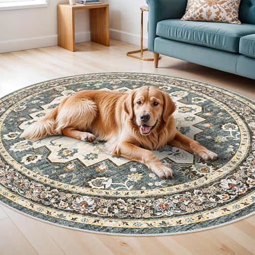 Area Rugs Round 6ft Non-Slip：Floral Vintage Distress Medallion Carpet Blue - Image 6