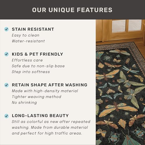 Big Black Area Rug for Living Room - Washable 10x14 Area Rug, Dining Room Rugs for Under Table, Soft Low Pile for Large Bedroom - Insect Witch Dark Moody Bug Decor, Non-Slip & Stain Resistance - Image 6