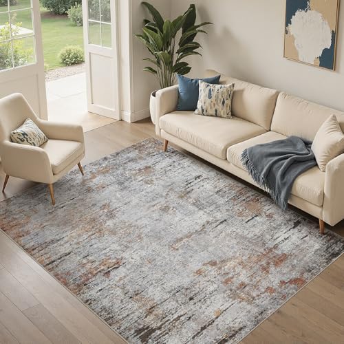 DMOYEST Area Rug Living Room Rugs - 5x7 Large Soft Indoor Neutral Modern Abstract Low Pile Washable Rug Carpet for Bedroom Dining Room Farmhouse Home Office - Grey Rust - Image 4