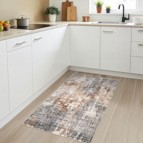 DMOYEST Washable Area Rug: 3x5 ft Abstract Small Rugs for Entryway Kitchen Living Room Bedroom - Non Slip Modern Neutral Carpet Indoor Front Door - Grey Brown - Image 3