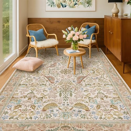 Washable Area Rugs 5x8 for Bedroom - Western Nature Rugs for Living Room, Dining Room,Playroom, Guest Room with Boho Beige Neutral Botanical & Bird Pattern, Non Slip Stain Resistant Low Pile by HazoHaus