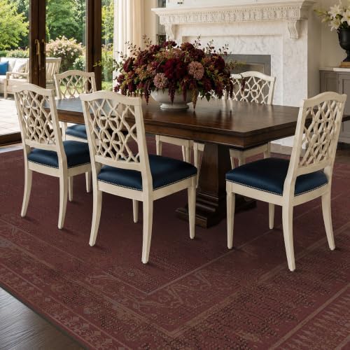 6x9 Washable Dining Room Rugs for Under Table, Muted Burgundy Vintage Distressed Rug for Living Room & Bedroom, Non-Slip Low Pile Stain Resistant Floor Carpet, Traditional Farmhouse Décor - Image 3