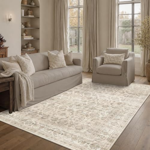 JOOJA 5x7 Beige Neutral Vintage Washable Area Rug, Low Pile Living Room Rug by JOOJA