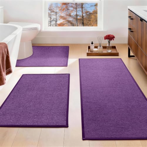 YIHOUSE Purple Bathroom Rugs Sets 3 Piece, Quick Dry Thin Bath Mat with Toilet Rug, Non Slip Absorbent Machine Washable, Bath Runner Rugs for Bathtub Sink Home Decor by YIHOUSE