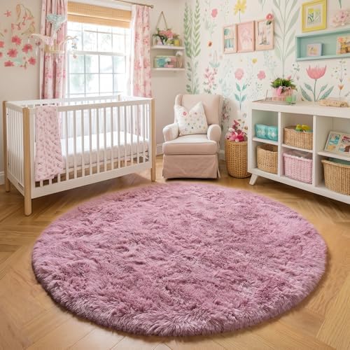 Amdrebio Mauve Pink Big Round Fuzzy Rug 6Ft for Living Room Girls Bedroom - Image 6