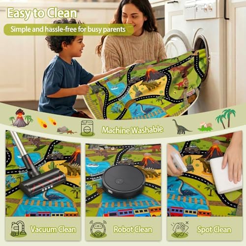 Washable Kids Rug for Playroom, 5x7 ft Faux Wool Dinosaur Rug with Road Map for Childrens, Non-Slip Car Carpet for Boys Bedroom Classroom, Soft & Non-Slip - Image 6