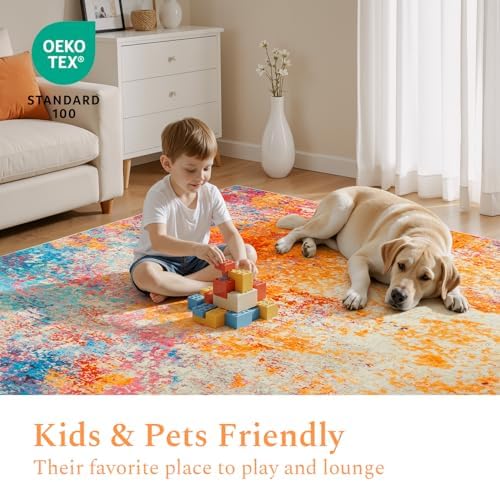 Rugflix Washable 8ft Round Area Rug, Rainbow Abstract Rug for Living Room - Image 4