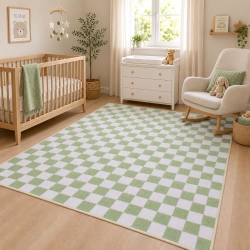 3x5 Checkered Area Rug for Living Room, Soft Low Pile Light Green rugs - Image 3