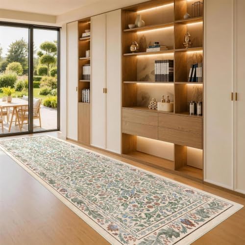 2.6x8 Runner Rug for Hallway, Washable Kitchen Runner Non Slip, Soft Low Pile Entryway Carpet, Vintage Floral Stain Resistant Long Laundry Room Rugs for Bedroom, Stairs, Beige - Image 4