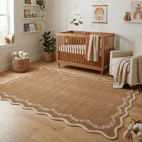 GarveeHome 4x6 Scalloped Washable Area Rug Brown Nursery Kids Bedroom Rug by GarveeHome