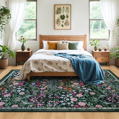 PLHXFR Area Rug Living Room: 5x7 Floral Washable Boho Carpet Dark Green - Image 3