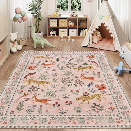 8x10 Pink Animal Washable Area Rug for Living Room, Vintage Print - Image 5