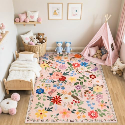 PLHXFR Area Rug Living Room: 5x7 Floral Washable Boho Soft Carpet Beige - Image 5