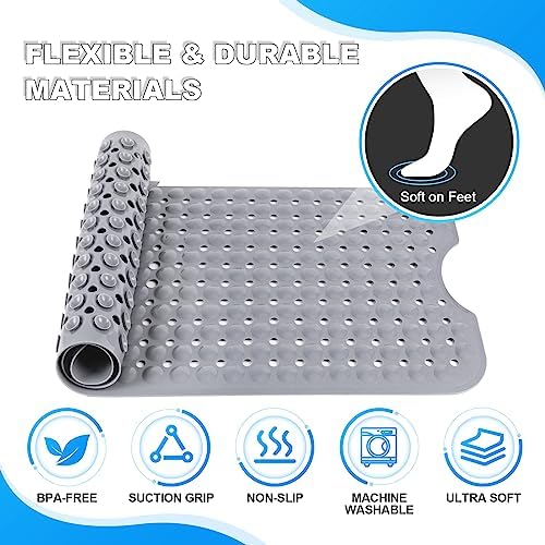 Bathtub and Shower Mats, 40x16 Inch Extra Large Non Slip Soft Bath Tub Mat with Suction Cups and Drain Holes for Bathroom Floor and Keep Tubs Clean, Machine Washable, Gray - Image 5