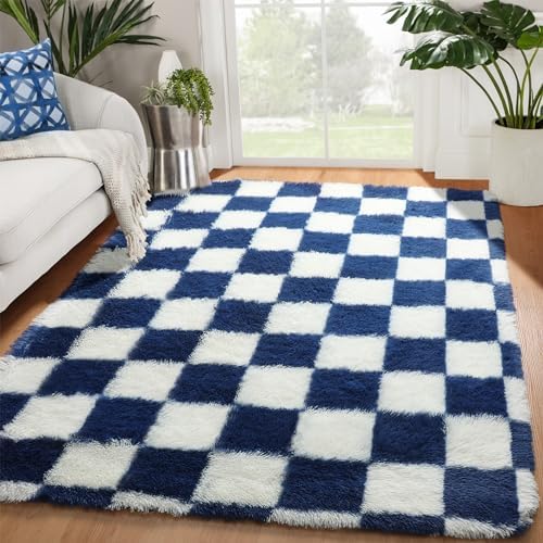 KICMOR Navy Blue and Cream White Rugs for Living Room, 4x6 Fluffy Fuzzy Shag Checkered Rug Shaggy Carpet for Bedroom, Soft Plush Area Rug for Nursery Toddler Room Classroom Study Room Kids Room by KICMOR