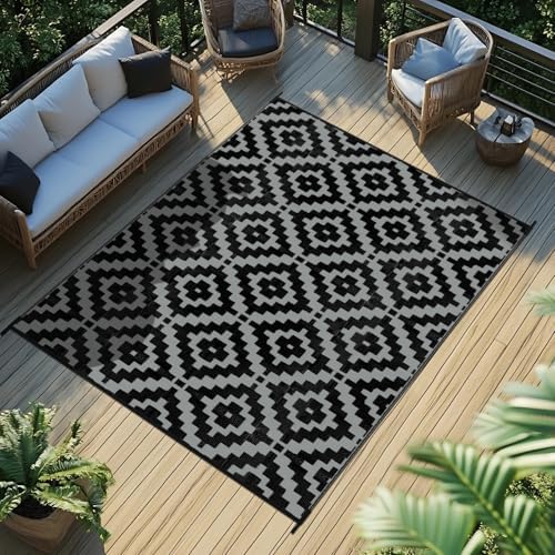 Favoyard Outdoor Rug Black & Grey 5x8 ft Waterproof Reversible Carpet Mat by OutdoorFurnitureAccessories