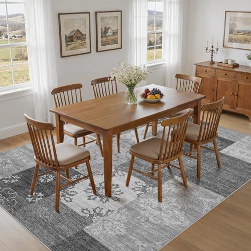 UERMEI 6x9 Area Rug for Living Room - Washable Vintage Carpet, Non-Slip Soft Large Indoor Floor Rugs for Bedroom Home Office & Under Dining Table Decor, Gray Block - Image 3