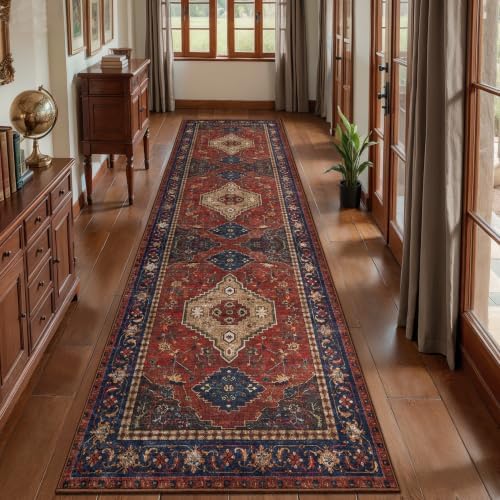 Tangsoo Red 2.6x10 Washable Hallway Runner Rug, Boho Non Slip Runner Rug by Tangsoo