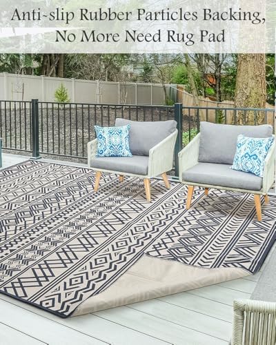 Outdoor Rug Carpet 4x6 ft, Flatweave Textured Outdoor Patio Rug Non Slip Indoor Outdoor Rugs with Rubber Particles Backing Boho Outdoor Area Rug for Patio Deck Front Porch Backyard Balcony, Navy - Image 3