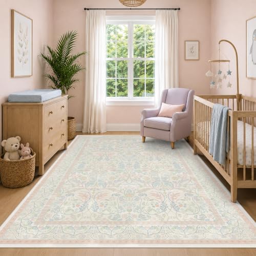 7x10 Washable Area Rug - Pink Blue Floral Large Nursery Rug, Non-Slip Low Pile Rug for Girls Bedroom Playroom Dorm, Soft Stain-Resistant Vintage Oushak Carpet for Living Room by Evyhood