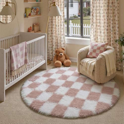 PureCozy Pink Round Rug 6ft for Bedroom Soft Fluffy Checkered Shag Carpet by PureCozy