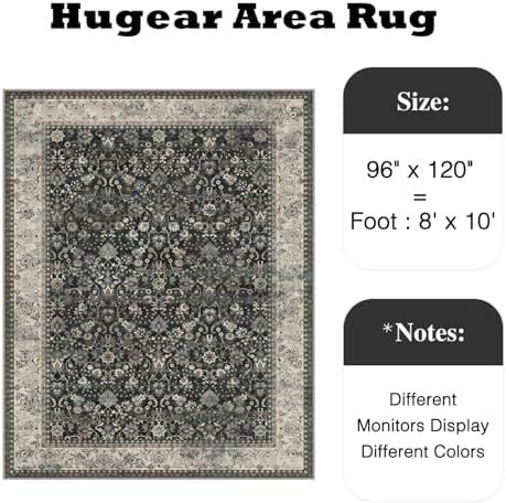 HUGEAR 8x10 Black Beige Vintage Floral Washable Area Rug for Living Room - Image 2