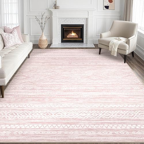 Tortania Area Rug Living Room Rugs- 8x12 Washable Large Soft Neutral Boho Moroccan Bohemian Farmhouse Rug Indoor Floor Carpet for Bedroom Under Dining Table Home Office Decor - Pink by Tortania