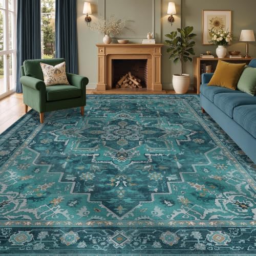 Washable Large Area Rug 10'x12' Living Room, Vintage Medallion, Teal by Jainmy