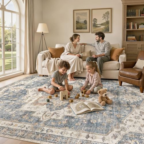 UERMEI 7x9 Area Rug for Living Room Washable Vintage Non Slip Blue Carpet - Image 4