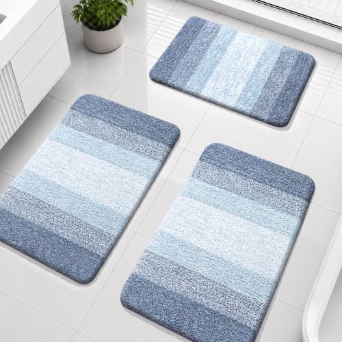OLANLY Microfiber Bathroom Rugs Sets 3 Piece, Absorbent Bath Mats, Blue by OLANLY