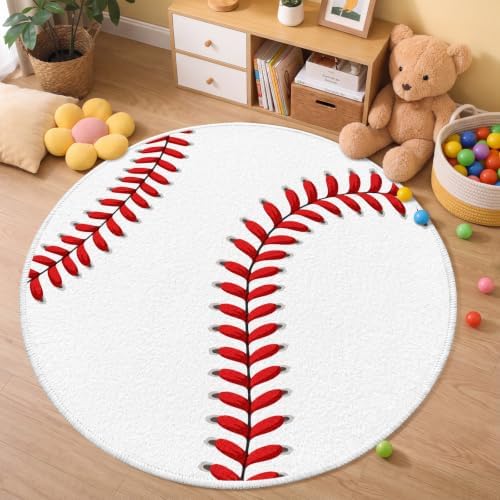 Baseball Round Kids Rug, Soft Washable Non Slip Sport Carpet for Boys Room by BACDOILQ