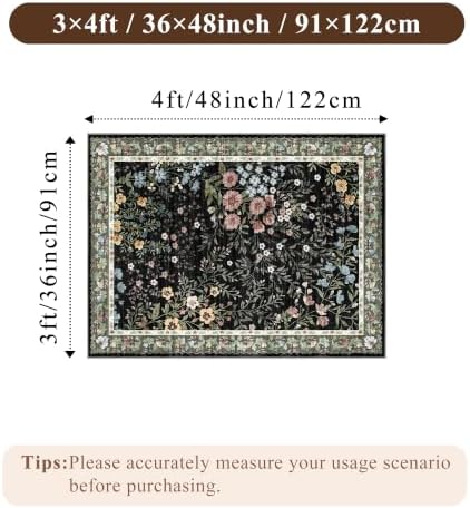 3x4 Washable Entryway Area Rug: Non Slip Floral Washable Entry Rug Living Room Area Rug for Indoor Floor Kitchen Bedroom - Soft Thin Door Mat Carpet Boho Vintage Home Decor (3'x4', Black) - Image 2