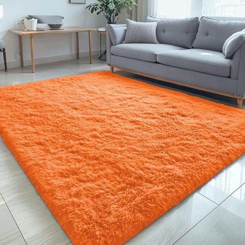 OLANLY 5x7 Machine Washable Large Area Rugs for Living Room, Bedroom, Soft Fluffy Shaggy Bedside Rug, Indoor Floor Carpet for Kids Girls and Boys, Dorms, Home Decor Aesthetic, Orange by OLANLY