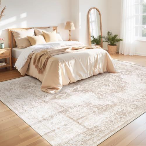 Area Rug 8x10 Vintage Rug: Large Washable Indoor Medallion Rugs Low Pile Distressed Floor Carpet Retro Accent Rug for Living Room Bedroom Kitchen Dining Table Home Office(Beige, 8'x10') - Image 4