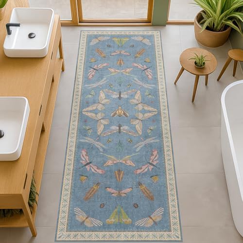 Hazo Haus 2x7 Washable Bedroom Runner Rug, Blue Boho Non Slip Rug for Kitchen, Bathroom, Laundry Room & Hallway, Rubber Backed Insect Print Runner Carpet - Image 6