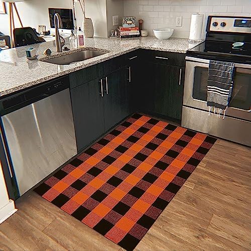 Fall Outdoor Rug Orange Buffalo Plaid Outdoor Rug Cotton Hand-Woven Buffalo Check Rug Layered Doormats for Front Door/Front Porch/Farmhouse/Entryway/Patio (Orange and Black Plaid, 3' x 5') - Image 6