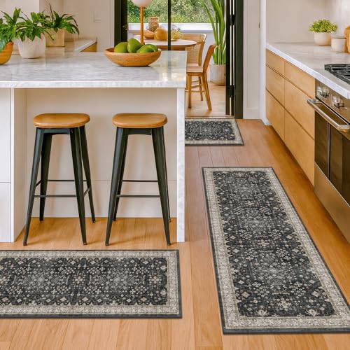 JTJ Kitchen Rugs Set of 3, Black Boho Vintage Washable Non Slip Mats - Image 3