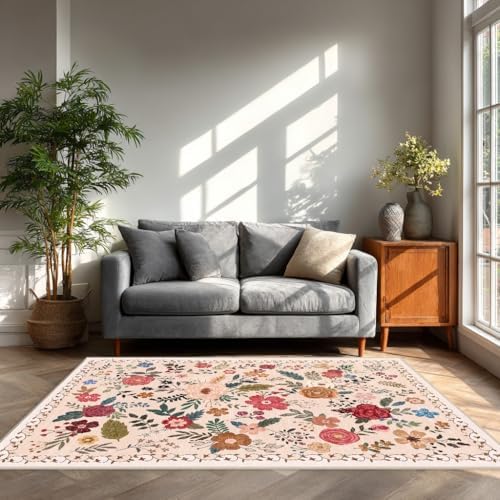 5x7 Washable Area Rugs for Living Room Soft Carpet (Beige Red) - Image 2