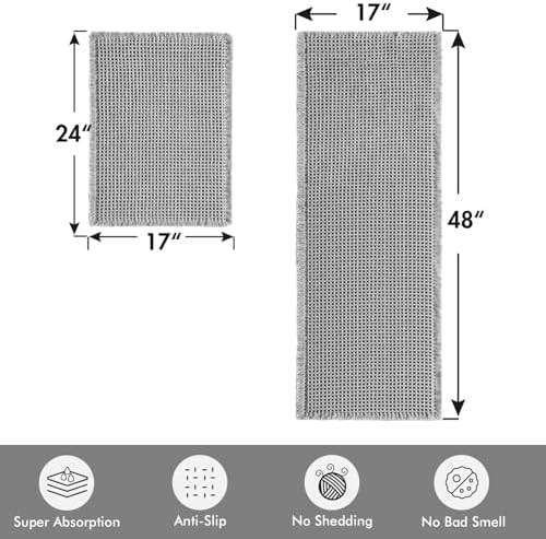 MIULEE Set of 2 Waffle Bathroom Rugs Light Grey Bath Mat 17"x24"+17"x48" - Image 2
