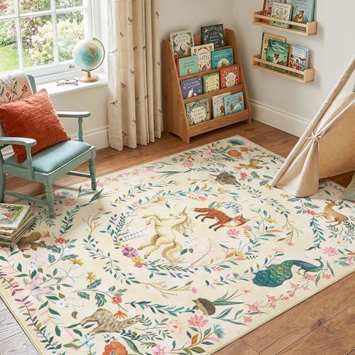 jinchan 5x7 Kids Rug Washable Unicorn Nursery Rug Cute Girls Bedroom, Cream - Image 2